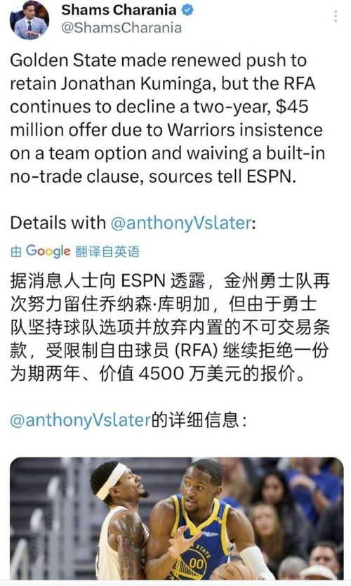 库明加新签合同后成队内第四高薪！让勇士的奢侈税罚款增加7000万