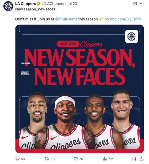 内外功臣!快船官方发布赢球海报:保罗、科林斯为封面人物